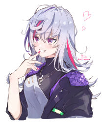 Rule 34 | 1girl, absurdres, black jacket, blush, breasts, cropped torso, finger to mouth, fuwa minato, genderswap, genderswap (mtf), grin, hand up, heart, highres, jacket, long hair, looking away, multicolored hair, nail polish, nijisanji, open clothes, open jacket, purple hair, red eyes, red hair, red nails, short sleeves, signature, silver hair, simple background, small breasts, smile, sofra, solo, streaked hair, twitter username, upper body, virtual youtuber, white background