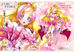 Rule 34 | 2girls, :d, :o, adapted costume, armor, bikini armor, blonde hair, blush, bow, character name, clone, copyright name, cure flora, dress, dual persona, earrings, eyebrows, floral background, flower, flower earrings, flower necklace, full body, gloves, go! princess precure, gradient hair, green eyes, haruno haruka, jewelry, kurose kousuke, long hair, looking at viewer, magical girl, midriff, multicolored hair, multiple girls, navel, necklace, o kakugo wa yoroshikute?, open mouth, pink armor, pink background, pink dress, pink hair, precure, shoes, smile, streaked hair, sword, thick eyebrows, two-tone hair, waist bow, weapon