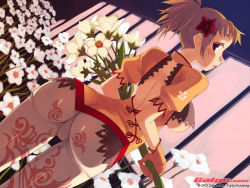 Rule 34 | 00s, 1girl, 2007, ass, ass focus, blush, bouquet, breasts, brown hair, dated, flower, from behind, galge.com, gloves, hair flower, hair ornament, holding, kusanagi tonbo, large breasts, long hair, looking at viewer, looking back, open mouth, orange gloves, orange shirt, original, pants, ponytail, puffy sleeves, purple eyes, shirt, short sleeves, source request