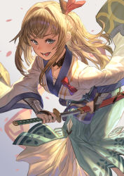 Rule 34 | 1girl, blonde hair, bow, granblue fantasy, green eyes, hair bow, highres, holding, holding sword, holding weapon, japanese clothes, katana, konoike (pepe expect), long sleeves, mirin (granblue fantasy), open mouth, petals, ponytail, simple background, solo, sword, weapon, white background