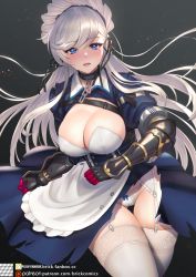 Rule 34 | 1girl, adapted costume, apron, azur lane, belfast (azur lane), belfast (serene steel) (azur lane), braid, breast cutout, breasts, brick (atelier brick), broken, chain, chest strap, cleavage, collar, french braid, garter straps, gauntlets, large breasts, long hair, maid, maid apron, maid headdress, panties, pantyshot, purple eyes, simple background, skirt, solo, torn clothes, torn skirt, underwear, white hair, white panties
