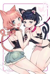 Rule 34 | 2girls, animal collar, animal ear hairband, animal ears, armlet, bare legs, black camisole, black collar, black hair, black hairband, black panties, black ribbon, blue eyes, blue shorts, blunt bangs, border, camisole, cat ear hairband, cat ears, cat tail, collar, commentary request, cowboy shot, cross-laced clothes, denim, denim shorts, eyelashes, fake animal ears, feet out of frame, fur-trimmed shorts, fur trim, hairband, heart, highres, holding hands, leash, long hair, looking at viewer, multiple girls, noco (adamas), open mouth, orange hair, original, outside border, panties, pocket, polka dot, polka dot background, red collar, ribbon, ribbon panties, short hair, short shorts, shorts, simple background, smile, studded collar, tail, underwear, white background, white border