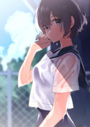Rule 34 | 1girl, blouse, blue sailor collar, blurry, blurry background, blush, brown eyes, brown hair, check commentary, cloud, commentary request, day, depth of field, dripping, fence, from side, hair between eyes, hand up, highres, looking at viewer, original, outdoors, parted lips, sailor collar, school swimsuit, school uniform, serafuku, shirt, short hair, short sleeves, solo, sparkle, swimsuit, swimsuit under clothes, tree, u35, water, wet, wet clothes, wet hair, wet shirt, white shirt