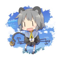 Rule 34 | 1girl, animal ears, basket, blush, capelet, chibi, dowsing rod, dress, female focus, grey dress, grey hair, jewelry, mouse (animal), mouse ears, mouse tail, nazrin, necklace, open mouth, outdoors, pendant, sky, solo, tail, touhou, transparent background, yamabuki (yusuraume), | |