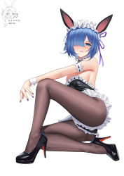 Rule 34 | 1girl, absurdres, animal ears, apron, bare shoulders, black footwear, blue hair, blush, breasts, brown pantyhose, cat ears, colored shoe soles, frilled apron, frills, hair over one eye, high heels, highres, large breasts, looking at viewer, maid apron, maid headdress, medium hair, nail polish, nanqizizhou, pantyhose, parted lips, pumps, re:zero kara hajimeru isekai seikatsu, red soles, rem (re:zero), shoes, simple background, solo, white background
