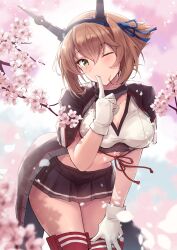 Rule 34 | 1girl, black skirt, blush, breasts, brown hair, capelet, cherry blossoms, cleavage, collar, crescent, crescent pin, day, flipped hair, gloves, green eyes, hairband, headgear, highres, k jie, kantai collection, large breasts, looking at viewer, metal collar, midriff, mutsu (kancolle), mutsu kai ni (kancolle), one eye closed, outdoors, petals, pleated skirt, radio antenna, red thighhighs, sakuramon, short hair, skirt, smile, solo, striped clothes, striped skirt, thighhighs, white gloves