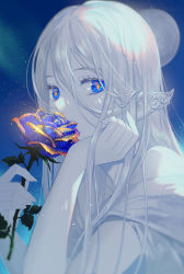 Rule 34 | 1girl, blue background, blue eyes, blue flower, blue rose, character request, colored eyelashes, colored skin, commentary, ear covers, english commentary, flower, full moon, head rest, holding, holding flower, long hair, looking at viewer, moon, nail, night, original, pointy ears, rose, saeldam, smelling flower, solo, white hair, white skin, yellow pupils