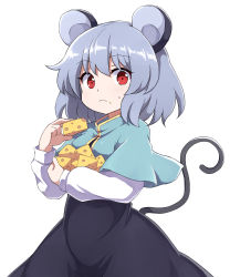 Rule 34 | 1girl, :&lt;, absurdres, animal ears, animal print, aqua capelet, big hair, black dress, breasts, capelet, cheese, closed mouth, constricted pupils, cowboy shot, crumbs, dress, eating, food, food on face, grey hair, hands up, highres, holding, holding food, long dress, long sleeves, looking at viewer, mandarin collar, mouse ears, mouse print, mouse tail, nazrin, popped collar, raised eyebrows, red eyes, rizento, shirt, short hair, sidelocks, simple background, small breasts, solo, sweatdrop, tail, touhou, undershirt, white background, white shirt