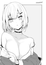Rule 34 | 1girl, :o, bare shoulders, breasts, choker, collarbone, grey background, greyscale, highres, kichihachi, large breasts, looking at viewer, mole, mole under eye, monochrome, original, simple background, solo, twitter username, two-tone background, upper body, white background