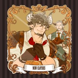 Rule 34 | 2boys, animal ears, ascot, barawa, beard, character request, cow boy, cow ears, cow horns, draph, facial hair, glasses, goatee, granblue fantasy, grey hair, horns, male focus, mature male, mirror, mirror image, multiple boys, muscular, muscular male, old, old man, pectorals, short hair, sleeves rolled up, smile, torihuhu, upper body