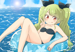 Rule 34 | 1girl, :p, anchovy (girls und panzer), bandeau, barashiya, bikini, black bikini, black ribbon, blue sky, blurry, blurry background, breasts, closed mouth, cloud, cloudy sky, commentary, day, depth of field, drill hair, girls und panzer, green hair, hair ribbon, horizon, innertube, long hair, looking at viewer, ocean, outdoors, red eyes, ribbon, sitting, sky, small breasts, smile, solo, strapless, strapless bikini, sun, swim ring, swimsuit, tongue, tongue out, twin drills, twintails, v, water