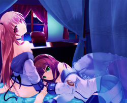 Rule 34 | 10s, 2girls, angel beats!, bare shoulders, bed, black thighhighs, blush, bottomless, breasts, green eyes, hairband, long hair, looking back, lying, medium breasts, multiple girls, natsumi, night, night sky, on side, open mouth, pillow, pink eyes, pink hair, purple hair, school uniform, sitting, sky, thighhighs, twintails, two side up, undressing, window, yui (angel beats!), nakamura yuri