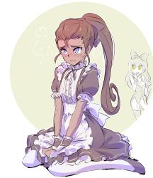 Rule 34 | 2girls, apron, blake belladonna, blue eyes, blush, bow, breasts, brown hair, closed mouth, commentary request, dark-skinned female, dark skin, dress, embarrassed, facing another, faunus (rwby), frilled dress, frills, full body, giggling, hair bow, hair ribbon, hair tie, hand up, happy, high heels, high ponytail, highres, iesupa, ilia amitola, kneeling, long hair, looking at another, looking to the side, maid, maid apron, medium breasts, multiple girls, navel, parted lips, partial monochrome, partially colored, ponytail, ribbon, rwby, shoes, short sleeves, sitting, small breasts, smile, spots, standing, tan, thighhighs, wariza, wavy mouth, white legwear, wristband, yellow eyes