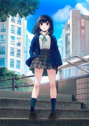 Rule 34 | 1girl, 40hara, absurdres, black hair, blazer, blue jacket, blue legwear, blue sky, blunt bangs, blush, breasts, brown footwear, building, choker, cloud, collared shirt, cover image, day, female focus, from below, fujimura akari, full body, ga bunko, hand in pocket, highres, jacket, large breasts, loafers, long sleeves, looking at viewer, medium hair, miniskirt, mole, mole under eye, novel illustration, official art, open clothes, open jacket, open mouth, outdoors, pigeon-toed, pleated skirt, purple eyes, railing, school uniform, shirt, shirt tucked in, shoes, skirt, sky, sleeves past wrists, solo, stairs, standing, tada seifuku wo kiteru dake, tented shirt, textless version, thighs, tree, triangle mouth, upskirt, white shirt
