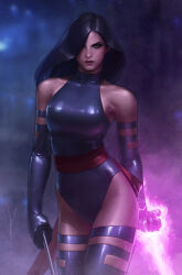 Rule 34 | 1girl, bare shoulders, black hair, blue gloves, blue leotard, blue thighhighs, blurry, blurry background, breasts, closed mouth, collarbone, commentary, covered collarbone, cowboy shot, dark background, elbow gloves, energy, eyelashes, gloves, glowing, hair over one eye, highleg, highleg leotard, highres, holding, holding sword, holding weapon, jee-hyung lee, leotard, light particles, lips, long hair, looking at viewer, marvel, medium breasts, parted bangs, psylocke, purple eyes, red sash, sash, serious, solo, standing, sword, symbol-shaped pupils, thighhighs, weapon, x-men
