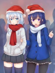 Rule 34 | 10s, 2girls, :d, akatsuki (kancolle), alternate costume, black legwear, black skirt, blue eyes, blue hair, blush, christmas, coat, cold (hoshinoskull), cowboy shot, hands in pockets, hat, hibiki (kancolle), highres, kantai collection, long hair, looking at viewer, multiple girls, open mouth, pantyhose, pleated skirt, pointing, purple eyes, red scarf, santa hat, scarf, sidelocks, silver hair, skirt, smile, thighhighs, white scarf, winter clothes, winter coat