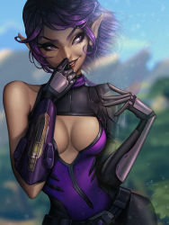 Rule 34 | 1girl, bare shoulders, belt, breasts, cleavage, cleavage cutout, clothing cutout, eyelashes, highres, invisible, jellyemily, lips, looking to the side, medium breasts, paladins, pointy ears, purple eyes, purple hair, short hair, skin tight, skye (paladins), smile, solo