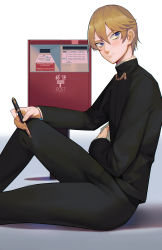 Rule 34 | 1boy, absurdres, black pants, blonde hair, blush, closed mouth, commentary request, feet out of frame, from side, gradient background, grey background, hair between eyes, highres, holding, holding paper, holding pen, huge filesize, kaguya-sama wa kokurasetai ~tensai-tachi no renai zunousen~, long sleeves, looking at viewer, male focus, pants, paper, pen, postbox (outgoing mail), school uniform, shirogane miyuki, short hair, shuuchiin academy school uniform, sitting, white background, xingchee