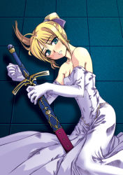 Rule 34 | 00s, 1girl, ahoge, artoria pendragon (all), artoria pendragon (fate), bare shoulders, blonde hair, cover image, dress, elbow gloves, fate/stay night, fate (series), gloves, green eyes, official alternate costume, ribbon, saber (fate), solo, strapless, strapless dress, sword, tears, tougeya honpo, weapon, white gloves