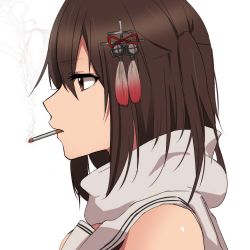 Rule 34 | 1girl, brown eyes, brown hair, cigarette, hair between eyes, kantai collection, mouth hold, rinto (rint rnt), sailor collar, scarf, school uniform, sendai (kancolle), sendai kai ni (kancolle), serafuku, short hair, simple background, smoke, smoking, solo, two side up, white background, white sailor collar, white scarf