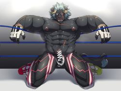 Rule 34 | 1boy, abs, asutarou, bara, blush, censored, curled horns, erection, fishnet legwear, fishnets, full body, furry, furry male, grey fur, horns, kneeling, krampus (housamo), large pectorals, long sideburns, looking at viewer, male focus, mature male, medium hair, muscular, muscular male, navel, nipples, pectorals, penis, public indecency, scar, scar across eye, scar on face, scribble, sideburns, solo, stomach, thick eyebrows, thick thighs, thighs, tokyo houkago summoners, topless male, tusks, wrestling outfit, wrestling ring