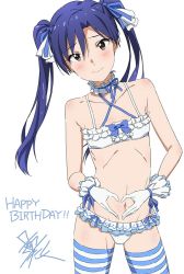 Rule 34 | 1girl, bikini, blue hair, blush, brown hair, cowboy shot, flat chest, frilled bikini, frills, gloves, heart, heart hands, idolmaster, idolmaster (classic), kisaragi chihaya, revealing clothes, simple background, solo, striped clothes, striped thighhighs, swimsuit, taku1122, thighhighs, twintails, white background