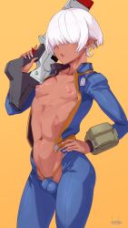 Rule 34 | 1boy, androgynous, bikini briefs, bodysuit, cowboy shot, dark-skinned male, dark skin, energy gun, fallout (series), groin, gun, hair over eyes, hand on own hip, highleg, highres, kuroino (0kuro8ino6), male focus, male underwear, navel, nipples, open bodysuit, open clothes, open mouth, orange background, original, over shoulder, pointy ears, ray gun, rifle, signature, simple background, solo, stomach, toned, toned male, trap, underwear, weapon, weapon over shoulder, white hair, white nails