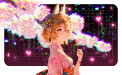 Rule 34 | 1girl, absurdres, bell, blonde hair, branch, breasts, commentary, english commentary, fingernails, floral print, food, fox mask, from side, hair bell, hair between eyes, hair bun, hair ornament, heart, heart-shaped pupils, highres, holding, holding food, japanese clothes, kimono, long sleeves, looking away, looking to the side, mask, mask on head, obi, original, outside border, pink kimono, ribbon, rounded corners, sash, sidelocks, single hair bun, skewer, solo, symbol-shaped pupils, updo, wonbin lee, wrist ribbon, yellow eyes, yukata