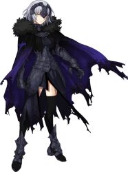 Rule 34 | 1girl, armor, armored boots, armored dress, black armor, black dress, black thighhighs, boots, cape, chain, closed mouth, dress, expressionless, fate/samurai remnant, fate (series), full body, fur-trimmed cape, fur trim, gauntlets, grey hair, half-closed eyes, jeanne d&#039;arc alter (avenger) (fate), jeanne d&#039;arc alter (fate), looking at viewer, official art, plackart, purple cape, short hair, solo, thighhighs, torn cape, torn clothes, transparent background, wataru rei, yellow eyes