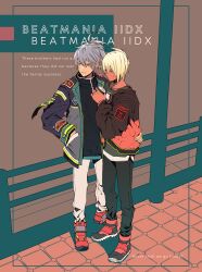 Rule 34 | 2boys, beatmania, beatmania iidx, black jacket, black pants, blonde hair, blue eyes, closed mouth, commentary request, copyright name, cup, dark-skinned male, dark skin, disposable cup, english text, ereki (beatmania), expressionless, full body, grey hair, grey jacket, grin, hair between eyes, hand on another&#039;s hip, high ponytail, highres, holding, holding cup, jacket, long bangs, looking afar, male focus, maoh (aburaage0528), multicolored clothes, multicolored jacket, multiple boys, open clothes, open jacket, pants, patch, red eyes, red footwear, shilow, shoes, short hair, smile, sneakers, standing, tile floor, tiles, white pants