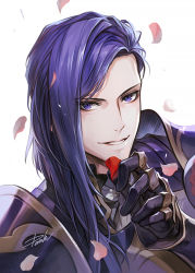 Rule 34 | 1boy, armor, danhu, falling petals, fire emblem, fire emblem: three houses, gauntlets, hand up, holding, holding petal, long hair, looking at viewer, lorenz hellman gloucester, male focus, nintendo, pauldrons, petals, purple eyes, purple hair, shoulder armor, signature, simple background, smile, solo, swept bangs, upper body, white background