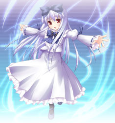 Rule 34 | 1girl, 3.1-tan, blue bow, bow, full body, long hair, long sleeves, looking at viewer, mary janes, os-tan, outstretched arms, red eyes, shimakaze (soundz of bell), shoes, silver hair, simple background, solo, very long hair