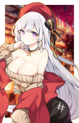 Rule 34 | absurdres, aran sweater, azur lane, belfast (azur lane), belfast (shopping with the head maid) (azur lane), beret, blurry, blurry background, breasts, brown sweater, cable knit, choker, cleavage, earrings, hat, hat ribbon, highres, hoop earrings, jewelry, large breasts, long hair, off-shoulder sweater, off shoulder, paaru, pencil skirt, purple eyes, red hat, ribbon, shawl, skirt, smile, solo, sweater, white hair