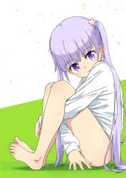 Rule 34 | 1girl, barefoot, blouse, blush, bottomless, commentary request, feet, flower, from side, full body, hair flower, hair ornament, highres, hugging own legs, legs together, long hair, long sleeves, looking at viewer, naked shirt, new game!, open mouth, purple eyes, purple hair, shadow, shirt, sitting, solo, suzukaze aoba, toes, tomato (lsj44867), twintails, very long hair, white shirt