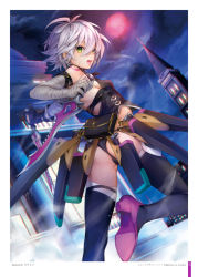 Rule 34 | 1girl, ass, bandaged arm, bandages, bare shoulders, belt, black belt, black gloves, black panties, black shirt, black thighhighs, boots, breasts, chromatic aberration, cloud, cloudy sky, dagger, dutch angle, facial scar, fate/grand order, fate (series), full moon, gloves, green eyes, hair between eyes, holding, holding dagger, holding knife, holding weapon, jack the ripper (fate/apocrypha), kaguyuzu, knife, looking at viewer, messy hair, moon, night, night sky, open mouth, outdoors, panties, red moon, scar, scar on cheek, scar on face, shirt, shoulder tattoo, silver hair, single glove, sky, sleeveless, sleeveless shirt, small breasts, solo, tattoo, teeth, thigh boots, thighhighs, underwear, upper teeth only, weapon