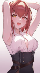 Rule 34 | 1girl, absurdres, armpits, arms up, black skirt, blush, breasts, cleavage, collared shirt, fang, heterochromia, high-waist skirt, highres, hololive, houshou marine, houshou marine (businesswoman), large breasts, o-e331, official alternate costume, open mouth, partially unbuttoned, red eyes, red hair, shirt, short hair, skin fang, skirt, sleeveless, sleeveless shirt, smile, virtual youtuber, white background, white shirt, yellow eyes