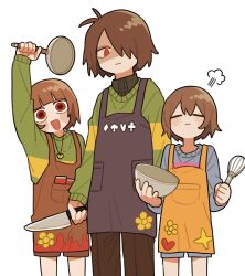 Rule 34 | 3others, :d, :|, = =, androgynous, antenna hair, apron, arm up, black apron, blue sweater, bowl, brown apron, brown hair, brown pants, chara (undertale), child, closed eyes, closed mouth, cowboy shot, crazy eyes, deltarune, expressionless, floral print, frisk (undertale), frying pan, green sweater, hair over one eye, heart pendant, highres, holding, holding bowl, holding frying pan, holding knife, holding whisk, in-franchise crossover, knife, kris (deltarune), long sleeves, looking at another, looking at viewer, multiple others, no nose, one eye covered, open mouth, other focus, outstretched arm, pants, pocket, puff of air, red eyes, shaded face, short hair, simple background, smile, standing, sweater, tadeno, undertale, whisk, white background, yellow apron
