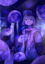 Rule 34 | 1girl, 2others, aquarium, backpack, bag, baseball cap, black shirt, blue eyes, child, commentary, grey hair, hand in pocket, hat, highres, hood, hoodie, idolmaster, idolmaster shiny colors, indoors, jellyfish, jewelry, looking back, looking up, multiple others, necklace, purple theme, serizawa asahi, shirt, short hair, upper body, window, zhili xingzou