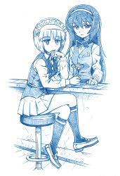 Rule 34 | 10s, 2girls, bar stool, bartender, bbb (friskuser), blue theme, bow, bowtie, cocktail glass, commentary request, counter, crossed legs, cup, cutlass (girls und panzer), drinking glass, girls und panzer, hair between eyes, hairband, highres, long hair, long sleeves, looking at viewer, maid headdress, martini, monochrome, multiple girls, olive, pleated skirt, reizei mako, shadow, short hair, sitting, skirt, smile, socks, stool, untied, vest, white background