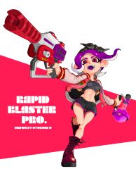 Rule 34 | 1girl, :d, artist name, bandana, black shorts, boots, breasts, crop top, cross-laced footwear, dolphin shorts, full body, groin, highres, holding, jacket, lace-up boots, leg up, long sleeves, looking at viewer, medium breasts, medium hair, navel, nintendo, octoling, octoling girl, octoling player character, open clothes, open jacket, open mouth, otoboke-san, purple hair, rapid blaster pro (splatoon), red eyes, red footwear, short shorts, shorts, smile, solo, splatoon (series), splatoon 2, standing, standing on one leg, suction cups, tentacle hair, toxic mist (splatoon), unzipped, zipper, zipper pull tab