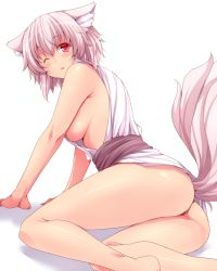 Rule 34 | 1girl, amane hasuhito, animal ears, ass, bad id, bad pixiv id, bare shoulders, bottomless, breasts, commentary request, inubashiri momiji, large breasts, looking at viewer, looking back, naked shirt, one eye closed, open mouth, pink eyes, revision, sash, shirt, sideboob, silver hair, sitting, sleeveless, sleeveless shirt, solo, tail, tears, touhou, wink, wolf ears, wolf tail