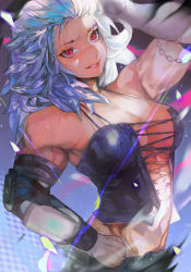 Rule 34 | 1girl, abs, aekutie, breasts, closed mouth, corset, dorohedoro, earrings, highres, jewelry, large breasts, long hair, looking at viewer, muscular, muscular female, noi (dorohedoro), red eyes, simple background, smile, solo, white hair