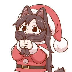 Rule 34 | 1girl, aged down, animal ear fluff, animal ears, beard, belt, belt buckle, brown eyes, brown hair, buckle, capelet, clenched hands, commentary, facial hair, fake facial hair, fur trim, hat, imaizumi kagerou, jacket, long hair, long sleeves, pom pom (clothes), poronegi, santa costume, santa hat, simple background, solo, tail, touhou, upper body, white background, wide-eyed, wolf ears, wolf tail