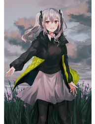 Rule 34 | 1girl, :d, black bow, black jacket, black pantyhose, black sweater, blush, bow, character request, chihuri, cloud, cloudy sky, collared shirt, day, flower, hair between eyes, hair bow, highres, jacket, lavender quartz, long hair, long sleeves, looking at viewer, open clothes, open jacket, open mouth, outdoors, overcast, pantyhose, pink flower, red eyes, shirt, sidelocks, silver hair, sky, sleeves past wrists, smile, solo, standing, sweater, twintails, white shirt