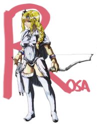 Rule 34 | 1990s (style), 1girl, armor, blonde hair, bow (weapon), cape, female focus, final fantasy, final fantasy iv, full body, retro artstyle, rosa farrell, simple background, solo, standing, weapon, white background