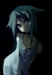 Rule 34 | 1girl, bare arms, bare shoulders, black background, black ribbon, collarbone, cr0w, dress, green hair, hair flaps, highres, long hair, looking at viewer, ribbon, saya (saya no uta), saya no uta, signature, sleeveless, sleeveless dress, smile, solo, sundress, white dress