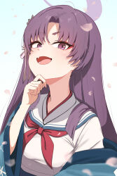 Rule 34 | 1girl, blue archive, breasts, eyeshadow, fang, halo, haori, highres, japanese clothes, large breasts, long hair, looking at viewer, makeup, neckerchief, open mouth, petals, purple eyes, purple hair, purple halo, red eyeshadow, red neckerchief, sailor collar, school uniform, serafuku, short eyebrows, skin fang, smile, solo, udon f, upper body, white sailor collar, yukari (blue archive)