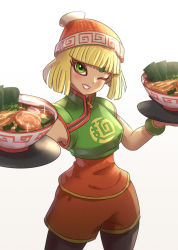Rule 34 | 1girl, arms (game), beanie, black pantyhose, blonde hair, blunt bangs, blush, bowl, bracelet, breasts, chinese clothes, commentary request, cowboy shot, crop top, cropped jacket, egg (food), film grain, food, gonzarez, green eyes, green jacket, grin, hardboiled egg, hat, highres, holding, jacket, jewelry, kamaboko, knit hat, leggings, leggings under shorts, looking at viewer, meandros, medium breasts, min min (arms), multicolored clothes, multicolored hat, narutomaki, nintendo, no mask, noodles, nori (seaweed), one eye closed, orange hat, orange shirt, orange shorts, pantyhose, pom pom (clothes), ramen, shirt, short hair, short shorts, short sleeves, shorts, smile, solo, soup, spring onion, standing, striped, teeth, thick eyebrows, white background, zipper pull tab