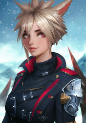 Rule 34 | 1girl, animal ears, blonde hair, blurry, blurry background, cat ears, commission, day, final fantasy, final fantasy xiv, hair between eyes, jacket, lips, looking at viewer, miqo&#039;te, nixri, open clothes, open jacket, outdoors, red eyes, short hair, snowing, solo, turtleneck, upper body, warrior of light (ff14)