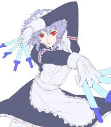 Rule 34 | 1girl, apron, between fingers, bow, braid, female focus, fighting stance, flat color, foreshortening, gloves, grey hair, hair bow, haruichi (komikal), holding, izayoi sakuya, knife, light purple hair, maid, maid apron, maid headdress, red eyes, solo, throwing knife, touhou, transparent, twin braids, weapon, white gloves